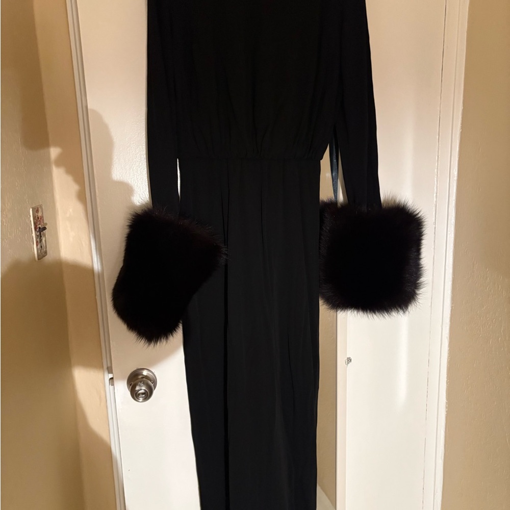 Halston Elegant Black Dress with Real Fur Cuffs